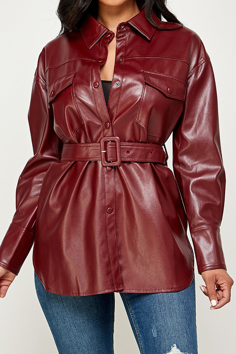 She's All That Wine Color Faux Leather Top w/Belt