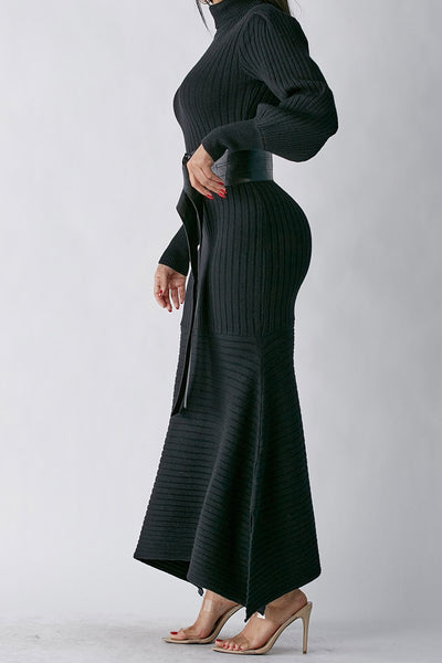 Bridgette Ribbed Knit Sweater Dress w/ Leather Belt